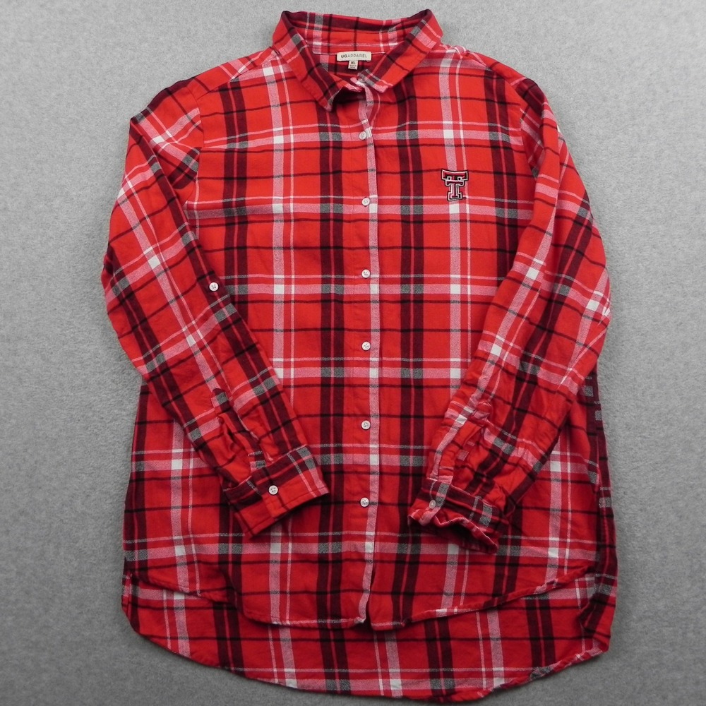 UG Apparel Texas Tech Shirt Womens XL Plaid Button Up Red Raiders Cotton Blouse